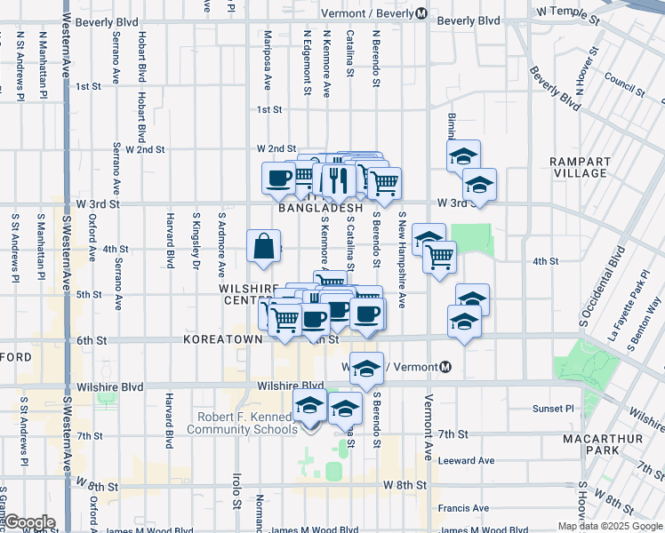 map of restaurants, bars, coffee shops, grocery stores, and more near 425 South Catalina Street in Los Angeles