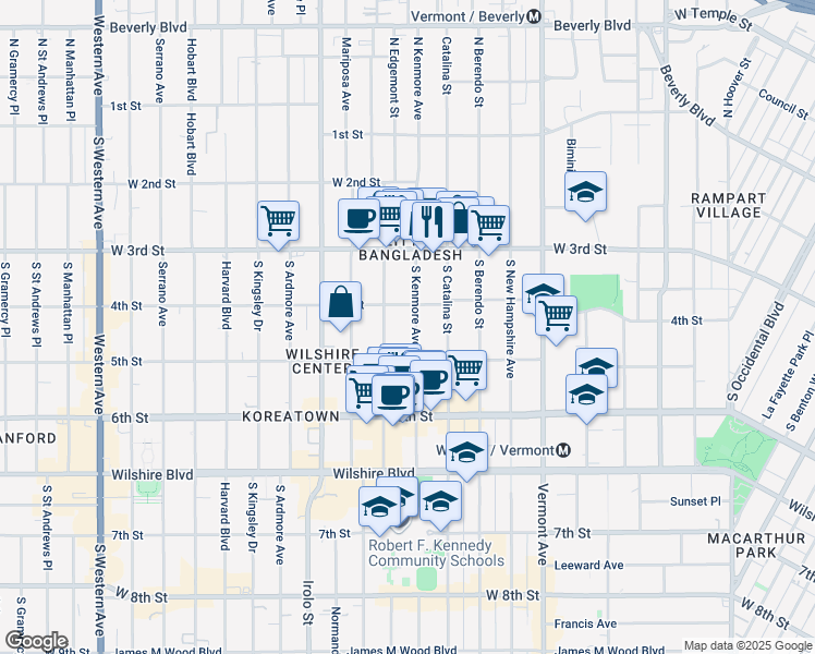 map of restaurants, bars, coffee shops, grocery stores, and more near 420 South Alexandria Avenue in Los Angeles
