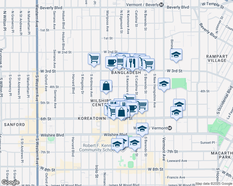 map of restaurants, bars, coffee shops, grocery stores, and more near 420 South Alexandria Avenue in Los Angeles