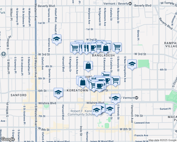 map of restaurants, bars, coffee shops, grocery stores, and more near 422 South Mariposa Avenue in Los Angeles