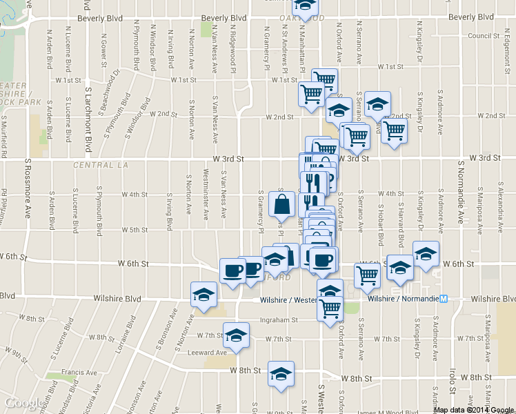 map of restaurants, bars, coffee shops, grocery stores, and more near 420 South Gramercy Place in Los Angeles