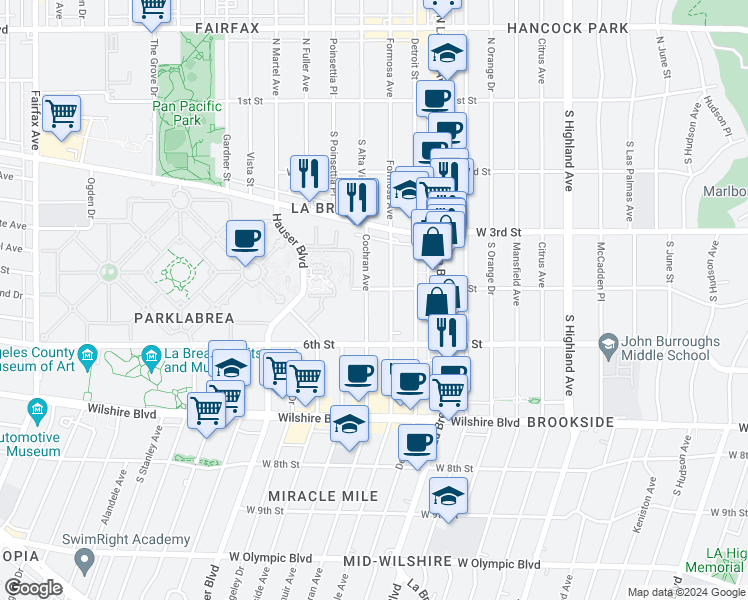 map of restaurants, bars, coffee shops, grocery stores, and more near 408 South Cochran Avenue in Los Angeles