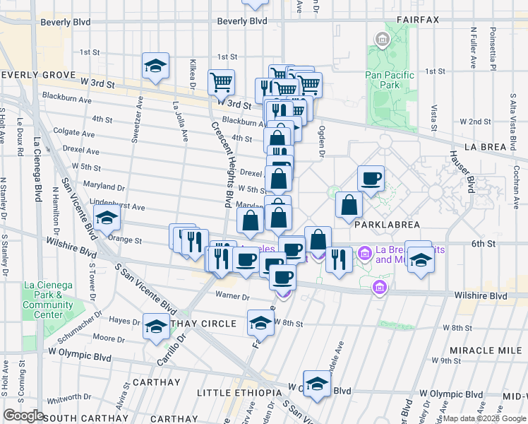 map of restaurants, bars, coffee shops, grocery stores, and more near 533 South Fairfax Avenue in Los Angeles