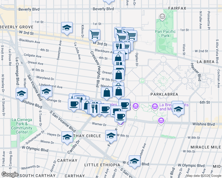 map of restaurants, bars, coffee shops, grocery stores, and more near 6212 Maryland Drive in Los Angeles