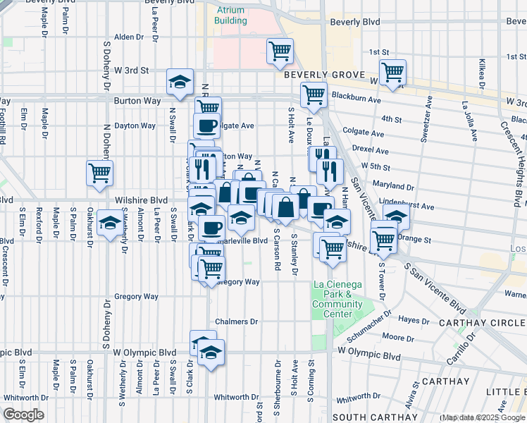 map of restaurants, bars, coffee shops, grocery stores, and more near in Beverly Hills