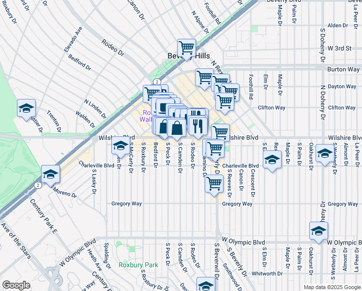 map of restaurants, bars, coffee shops, grocery stores, and more near 9570 Wilshire Boulevard in Beverly Hills