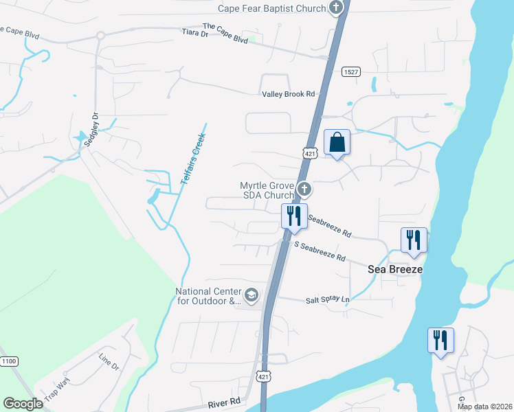 map of restaurants, bars, coffee shops, grocery stores, and more near 7512 Player Way in Wilmington