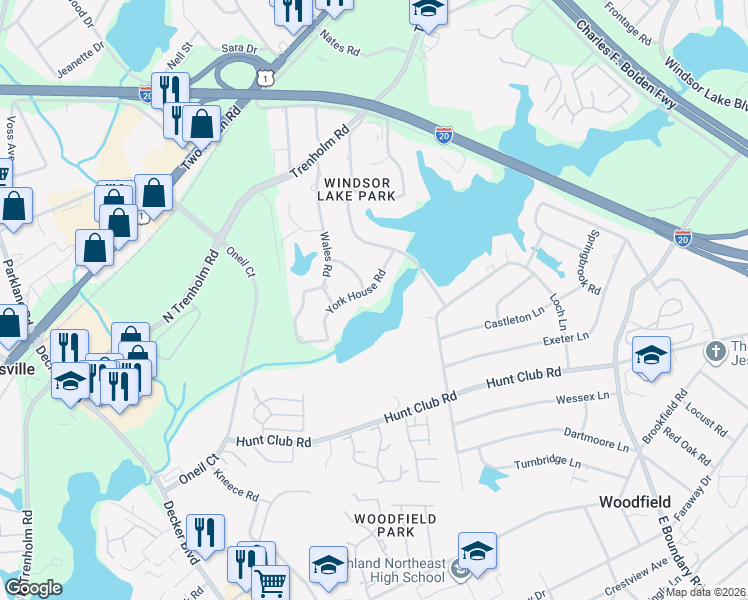 map of restaurants, bars, coffee shops, grocery stores, and more near 7604 York House Road in Columbia