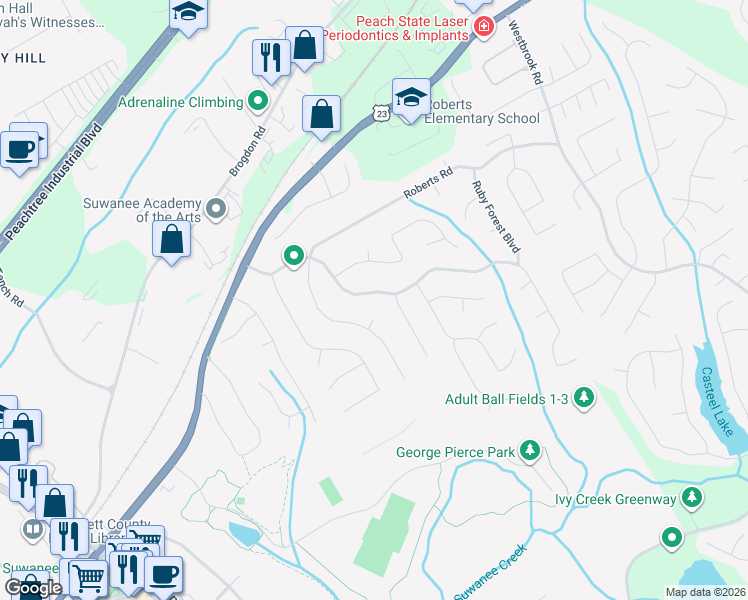 map of restaurants, bars, coffee shops, grocery stores, and more near 205 Ruby Forest Parkway in Suwanee