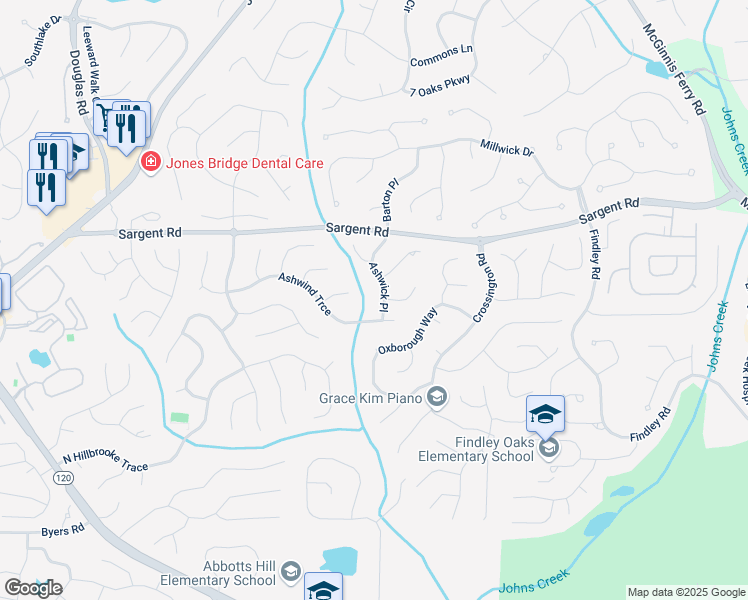 map of restaurants, bars, coffee shops, grocery stores, and more near 11750 Ashwick Place in Alpharetta