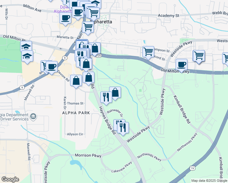 map of restaurants, bars, coffee shops, grocery stores, and more near 11675 Haynes Bridge Road in Alpharetta