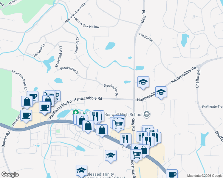 map of restaurants, bars, coffee shops, grocery stores, and more near 880 Brooksglen Drive in Roswell