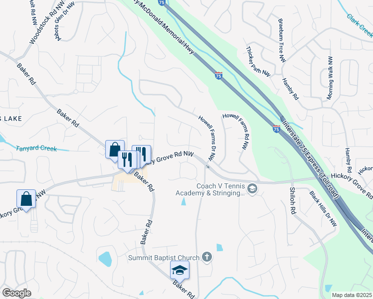 map of restaurants, bars, coffee shops, grocery stores, and more near 2415 Carina Terrace Northwest in Acworth