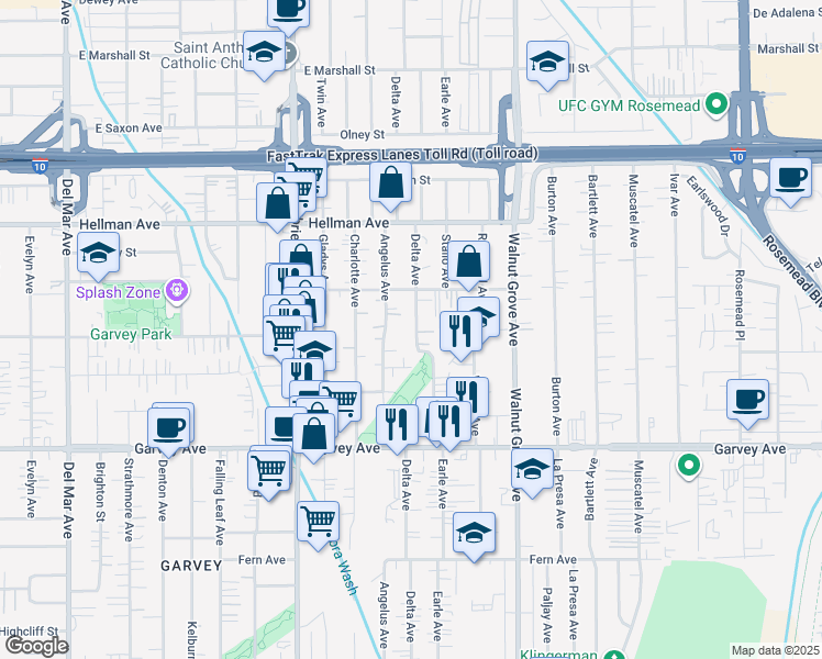 map of restaurants, bars, coffee shops, grocery stores, and more near 3207 Delta Avenue in Rosemead