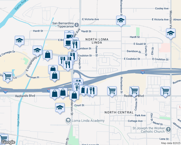 map of restaurants, bars, coffee shops, grocery stores, and more near 1285 Laurelwood Drive in San Bernardino