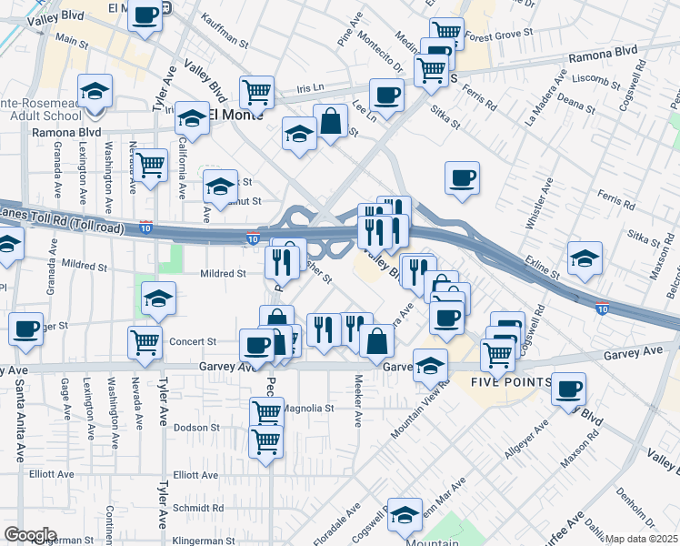 map of restaurants, bars, coffee shops, grocery stores, and more near 11608 Valley Boulevard in El Monte