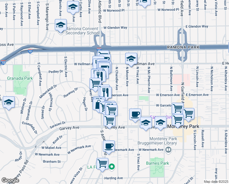 map of restaurants, bars, coffee shops, grocery stores, and more near 407 North Chandler Avenue in Monterey Park