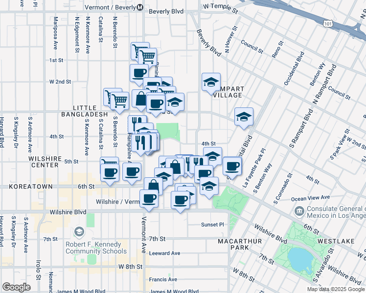 map of restaurants, bars, coffee shops, grocery stores, and more near 400 South Westmoreland Avenue in Los Angeles