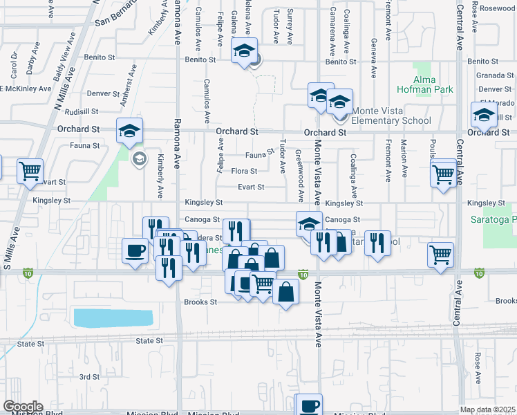 map of restaurants, bars, coffee shops, grocery stores, and more near 4723 Kingsley Street in Montclair