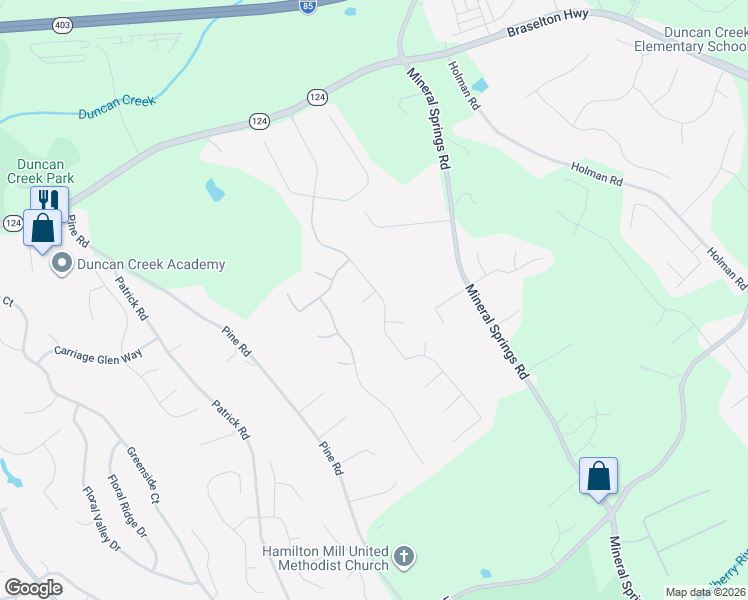 map of restaurants, bars, coffee shops, grocery stores, and more near 4057 Gables Court Northeast in Buford