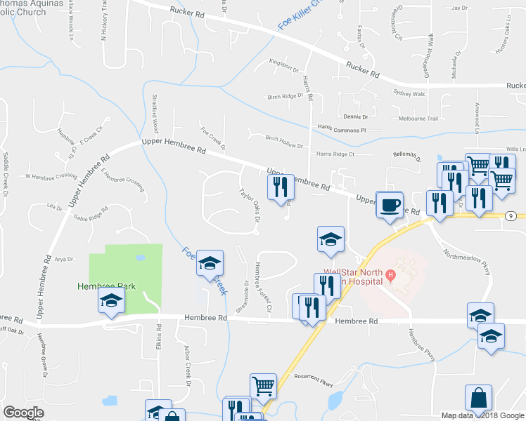map of restaurants, bars, coffee shops, grocery stores, and more near 1090 Taylor Oaks Drive in Roswell