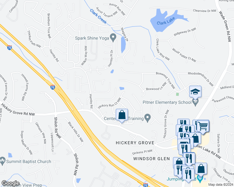 map of restaurants, bars, coffee shops, grocery stores, and more near 1858 Hickory Creek Court Northwest in Acworth