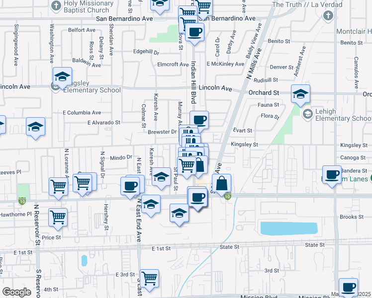 map of restaurants, bars, coffee shops, grocery stores, and more near 777 Indian Hill Boulevard in Pomona