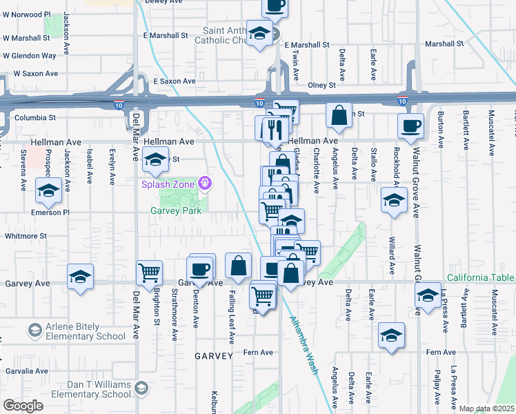 map of restaurants, bars, coffee shops, grocery stores, and more near 8127 Emerson Place in Rosemead