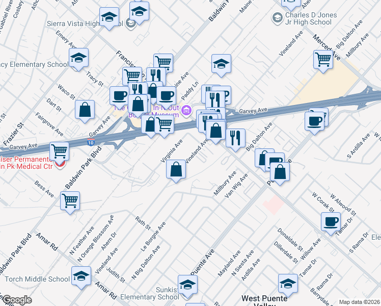 map of restaurants, bars, coffee shops, grocery stores, and more near 1421 Vineland Avenue in Baldwin Park