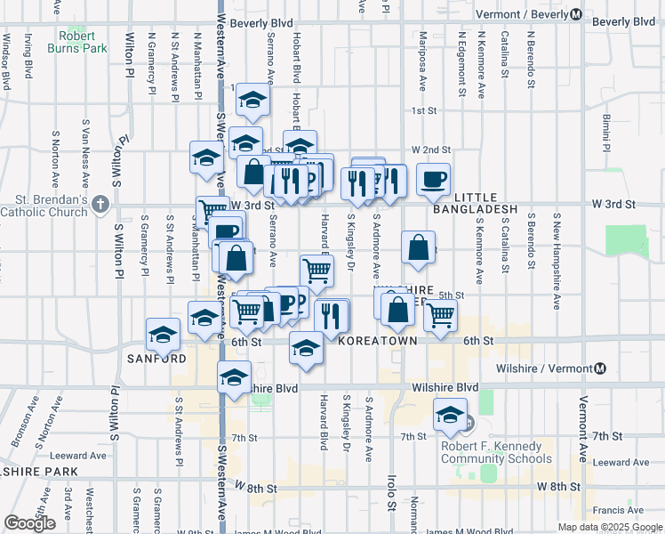 map of restaurants, bars, coffee shops, grocery stores, and more near 420 South Harvard Boulevard in Los Angeles