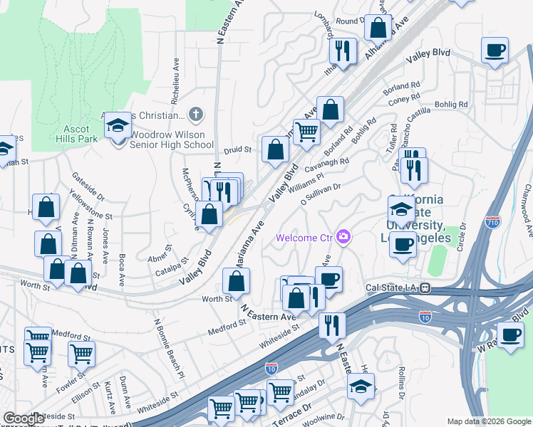 map of restaurants, bars, coffee shops, grocery stores, and more near North Marianna Avenue in Los Angeles