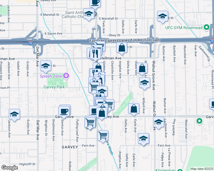 map of restaurants, bars, coffee shops, grocery stores, and more near 3206 Gladys Avenue in Rosemead