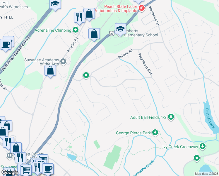 map of restaurants, bars, coffee shops, grocery stores, and more near 205 Ruby Forest Parkway in Suwanee
