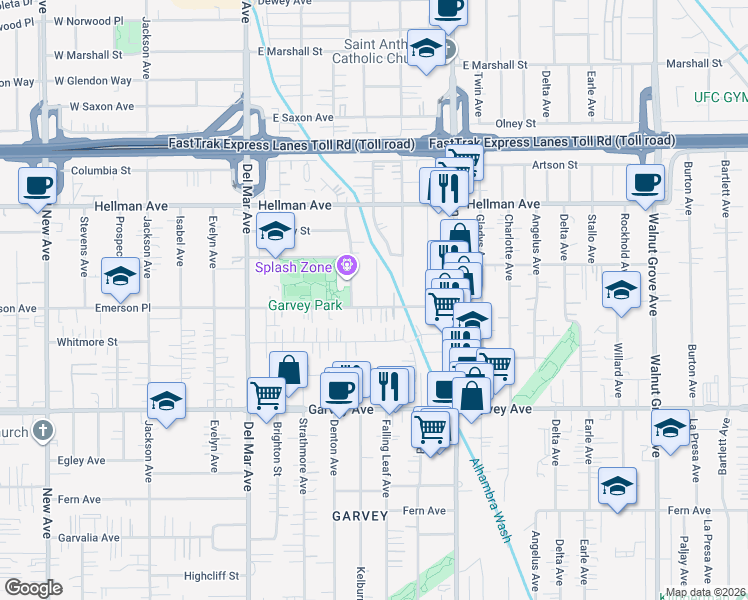 map of restaurants, bars, coffee shops, grocery stores, and more near 8045 Emerson Place in Rosemead
