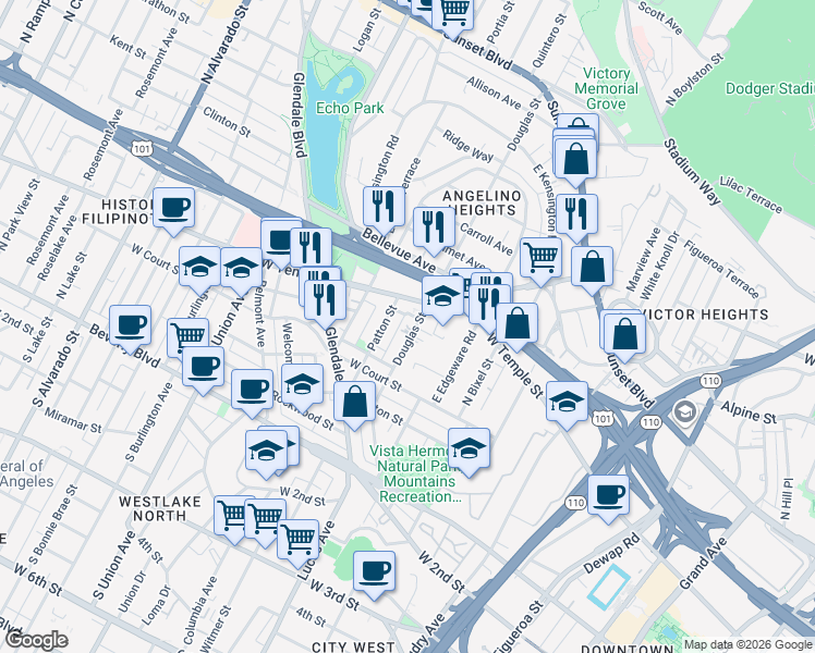 map of restaurants, bars, coffee shops, grocery stores, and more near 1359 Cortez Street in Los Angeles