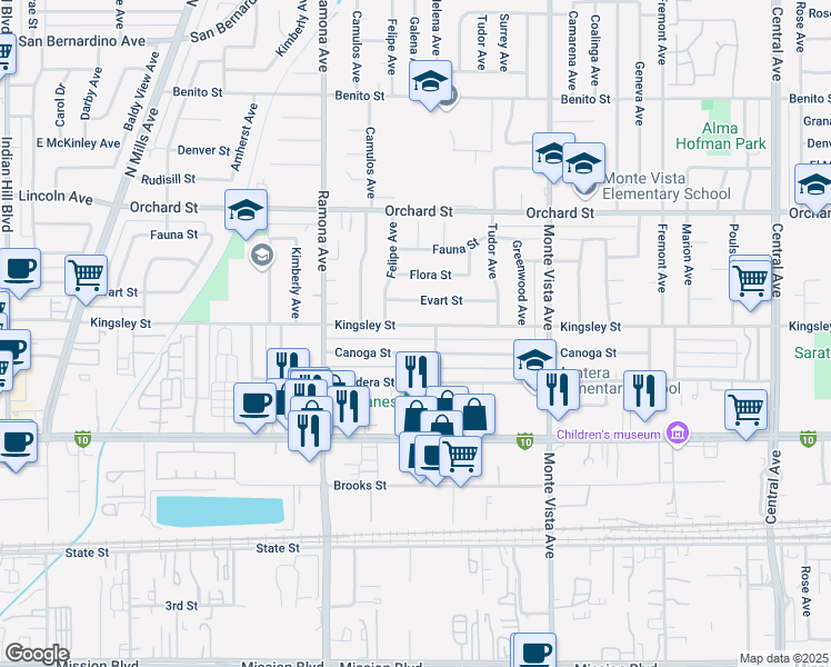 map of restaurants, bars, coffee shops, grocery stores, and more near 4661 Kingsley Street in Montclair