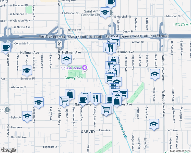 map of restaurants, bars, coffee shops, grocery stores, and more near 8045 Emerson Place in Rosemead