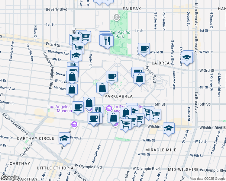 map of restaurants, bars, coffee shops, grocery stores, and more near 509 South Curson Avenue in Los Angeles