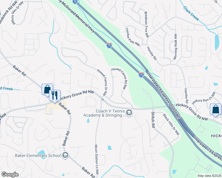 map of restaurants, bars, coffee shops, grocery stores, and more near 4509 Howell Farms Road Northwest in Acworth