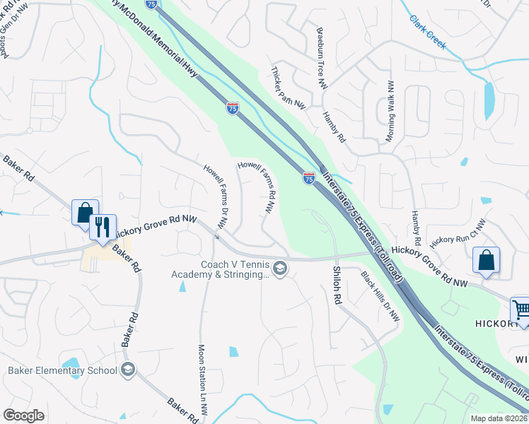 map of restaurants, bars, coffee shops, grocery stores, and more near 2323 Howell Farms Trce in Acworth