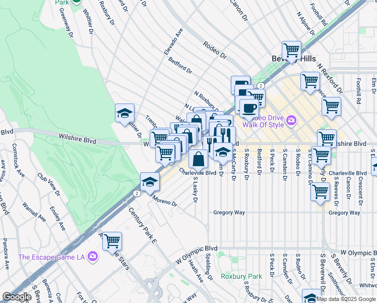 map of restaurants, bars, coffee shops, grocery stores, and more near 9855 South Santa Monica Boulevard in Beverly Hills