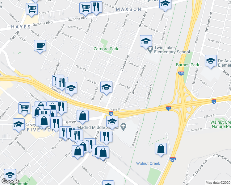 map of restaurants, bars, coffee shops, grocery stores, and more near 3524 Durfee Avenue in El Monte