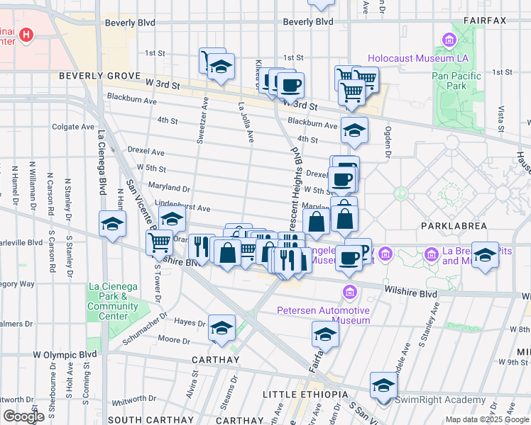 map of restaurants, bars, coffee shops, grocery stores, and more near 6347 Lindenhurst Avenue in Los Angeles