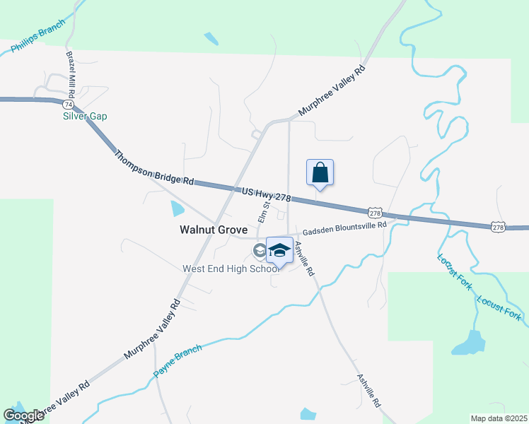 map of restaurants, bars, coffee shops, grocery stores, and more near Elm Street in Walnut Grove
