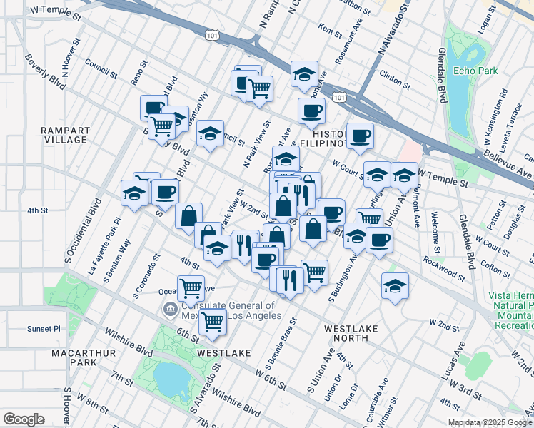 map of restaurants, bars, coffee shops, grocery stores, and more near 2211 West 2nd Street in Los Angeles
