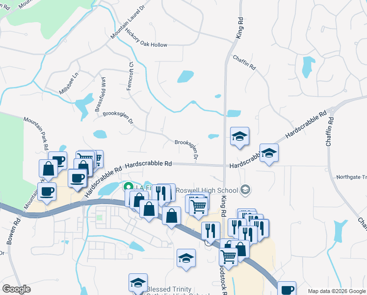 map of restaurants, bars, coffee shops, grocery stores, and more near 880 Brooksglen Drive in Roswell
