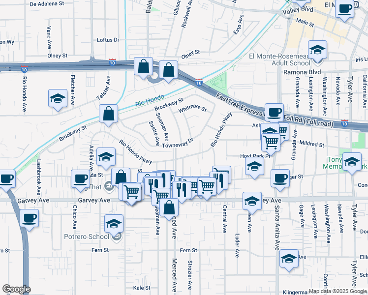 map of restaurants, bars, coffee shops, grocery stores, and more near 10038 Towneway Drive in El Monte
