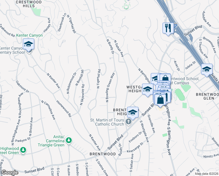 map of restaurants, bars, coffee shops, grocery stores, and more near 438 North Bowling Green Way in Los Angeles