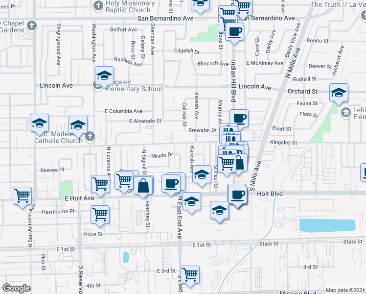 map of restaurants, bars, coffee shops, grocery stores, and more near 1340 East Kingsley Avenue in Pomona