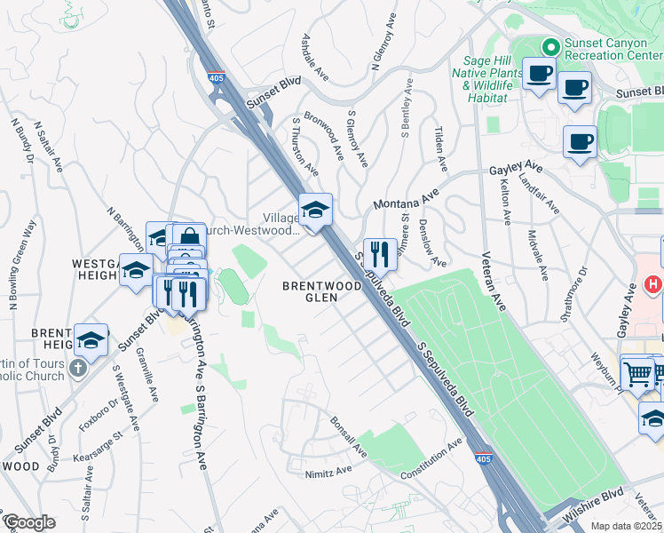 map of restaurants, bars, coffee shops, grocery stores, and more near 11336 Montana Avenue in Los Angeles